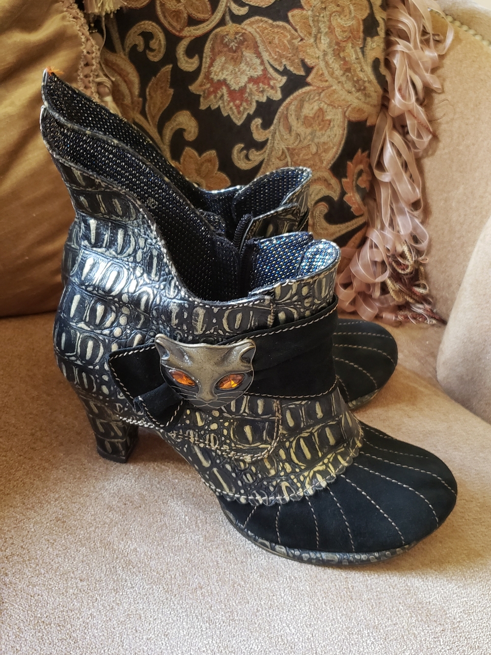 Black & Gold Croc-Print Miaow Ankle Boots with Cat Accent